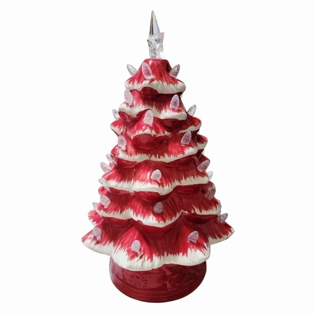 Red White Ceramic Light Up Christmas Tree Clear Star Topper Battery Timer Model